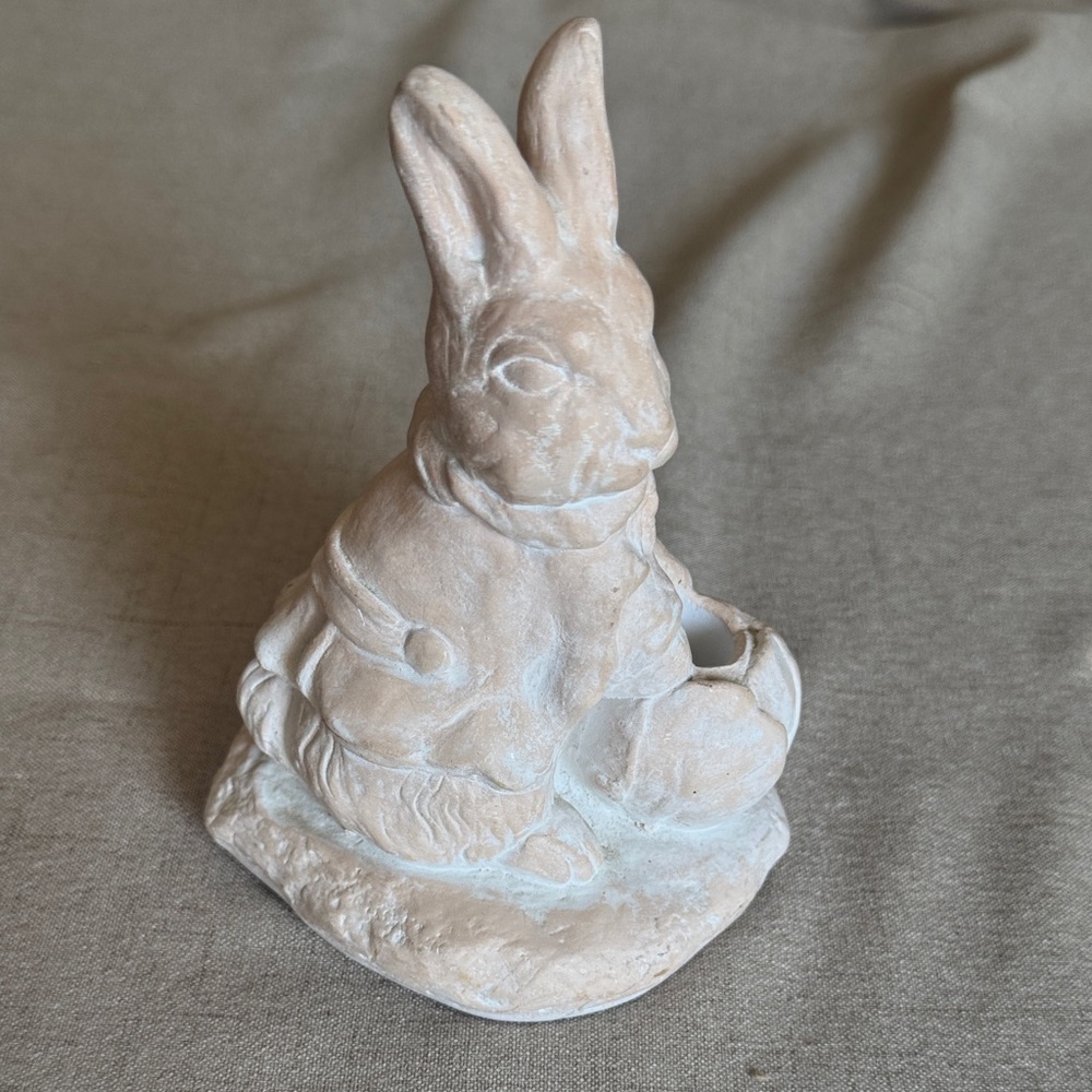 Fleur de Lis Whitewashed Terracotta Bunny Rabbit Candleholder
